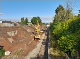 Site of Pill station - start of underpinning of the bank behind platform. Looking towards Portishead. August 2026